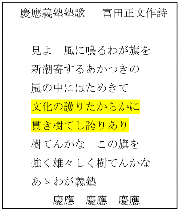 テキスト ボックス: 　慶應義塾塾歌　 富田正文作詩

　　見よ　風に鳴るわが旗を
　　新潮寄するあかつきの
　　嵐の中にはためきて
　　文化の護りたからかに
　　貫き樹てし誇りあり
　　樹てんかな　この旗を
　　強く雄々しく樹てんかな
　　あゝわが義塾
　　　　慶應　慶應　慶應